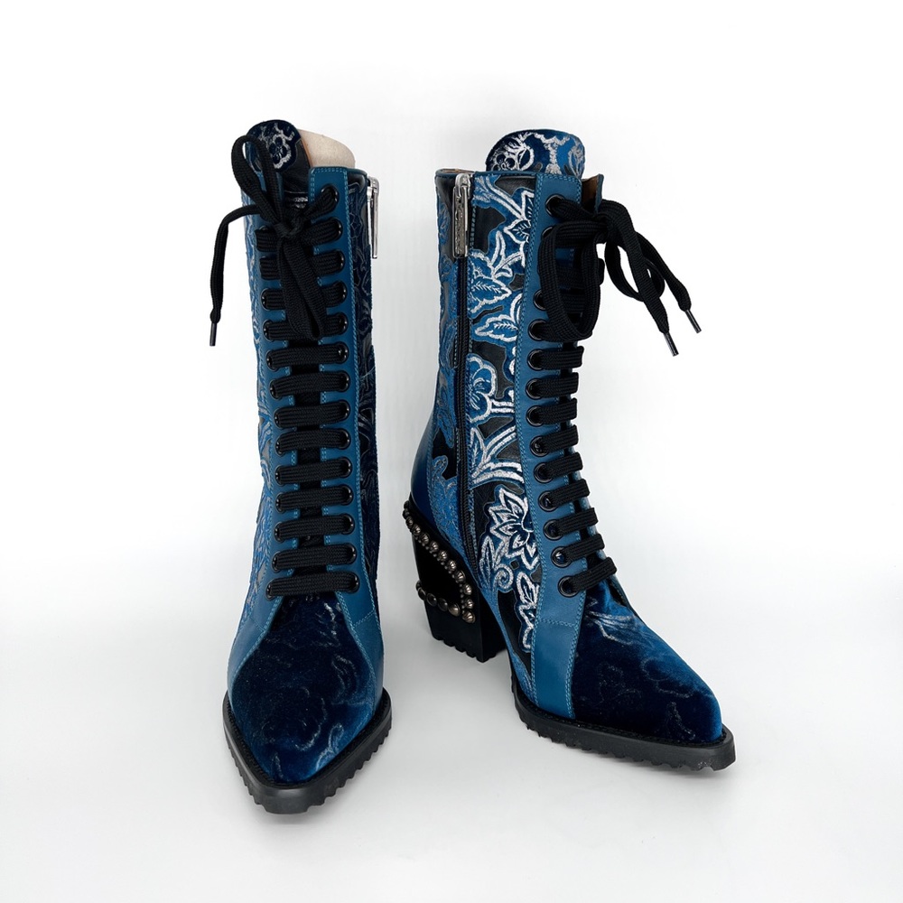 Chloe very rare Runway brocade leather / velvet studded boots. Size 37.5 - Picture 3 of 7